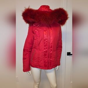 Snow Image Red Real Fur-Trimmed Hooded Down Jacket L